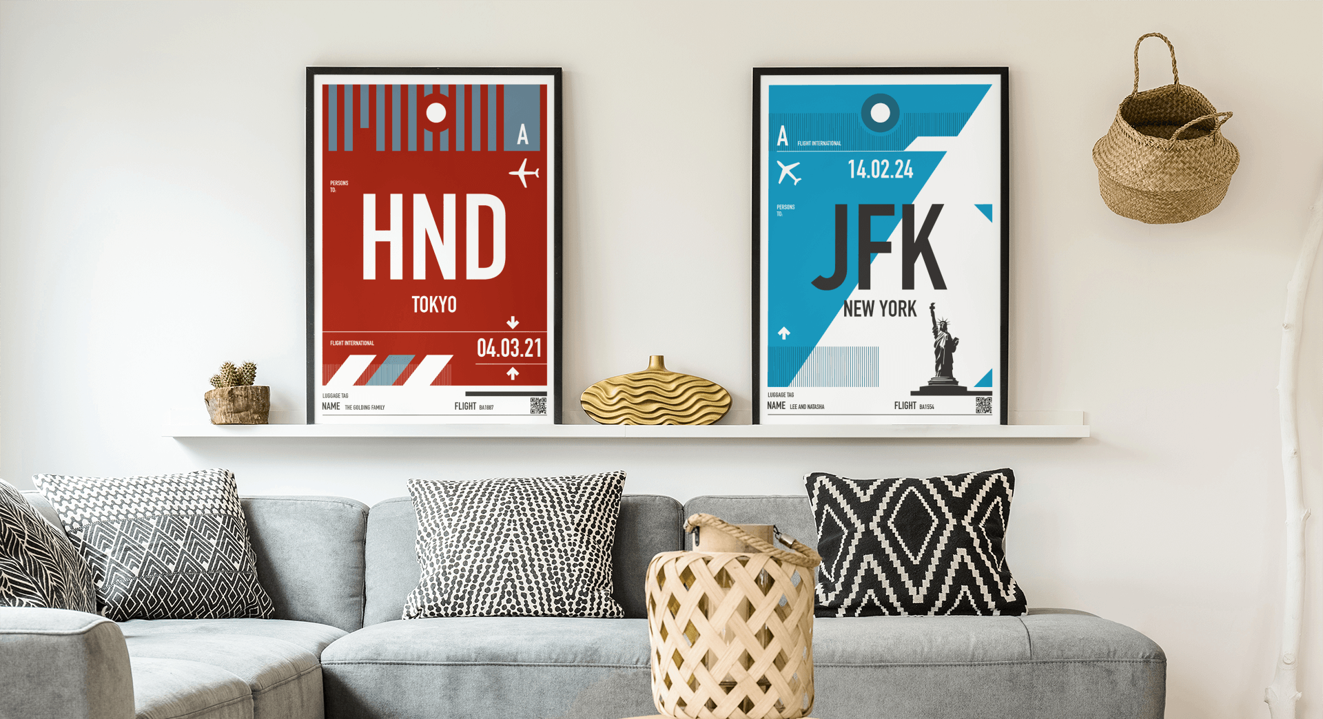 Travel prints featured on a bedroom wall