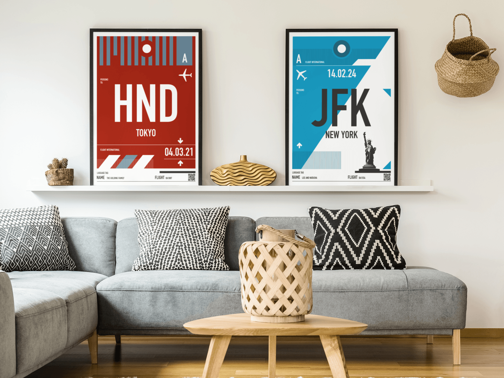 Travel prints on shelf